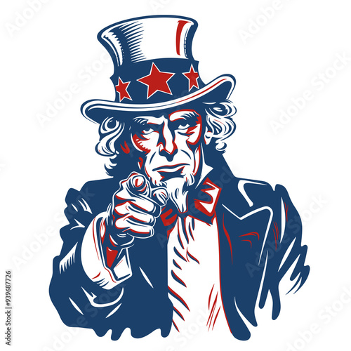 Uncle Sam illustration in American patriotic colors, transparant PNG sticker