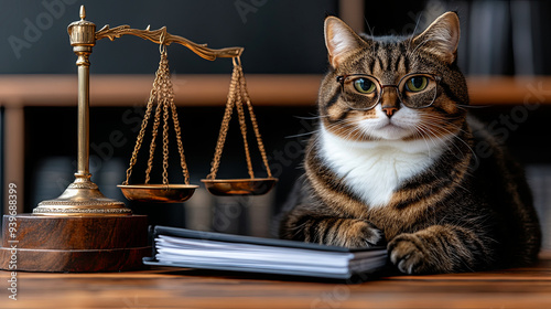 A cat wearing glasses sits confidently next to a set of scales and a stack of documents in a law office setting during the day photo