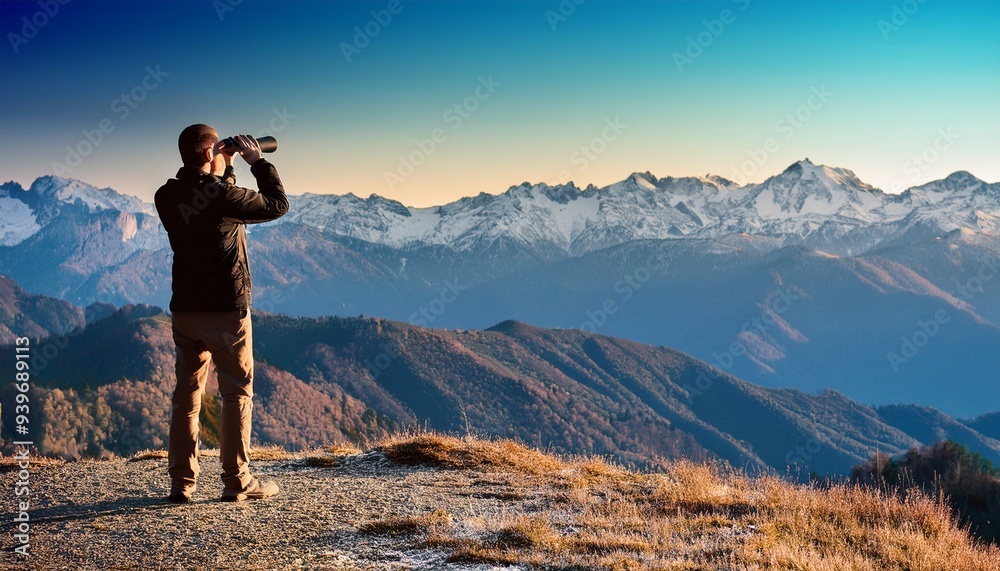 Looking through binoculars at the mountains Looking through binoculars at the mountains