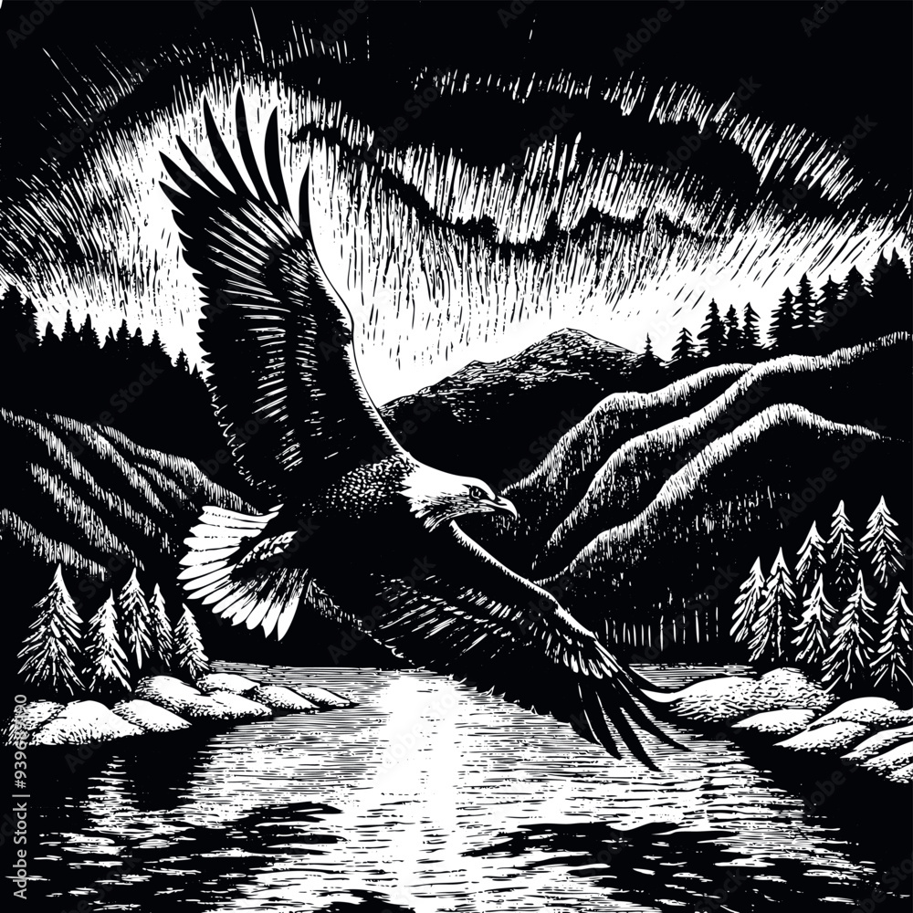 A bald eagle flying over the lake