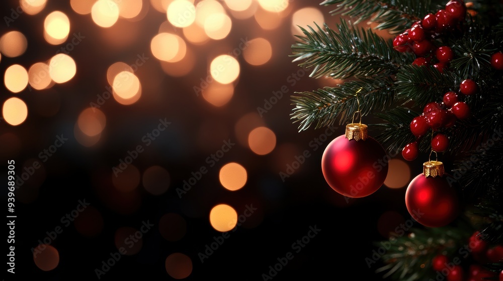 Festive Christmas tree close-up with red ornaments and sparkling lights in the background creating a warm, cozy holiday atmosphere. Festive Christmas tree close-up with red ornaments and sparkling lights in the background creating a warm, cozy holiday atmosphere.