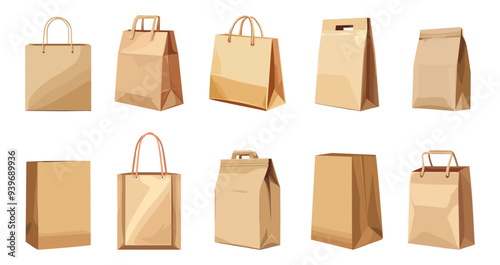 Craft brown paper shopping bag with and without handle set. Gift bag with rope handle. Front side view. Mockup template. Takeaway rocery and food package. Cartoon style isolated vector clipart