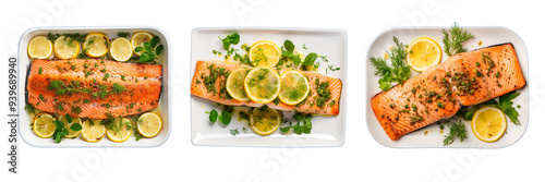 Set of lemon herb baked salmon isolated on a transparent background