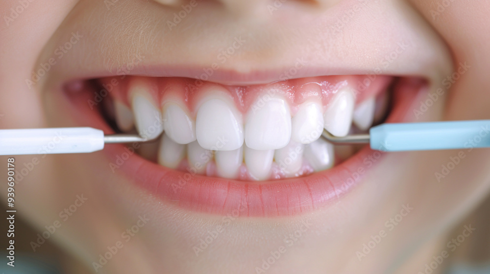 Naklejka premium Dental care hygiene, white tooth child smiling, smile dentistry, ultra-realistic stock photo.