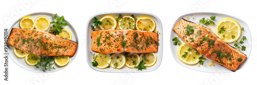 Set of lemon herb baked salmon isolated on a transparent background