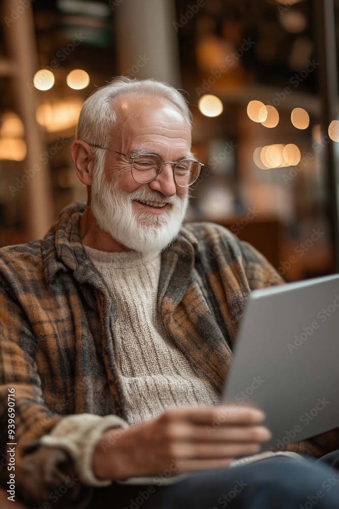 A man with glasses is sitting in a chair and smiling while looking at a laptop. He is enjoying himself and is likely using the laptop for entertainment or communication A man with glasses is sitting in a chair and smiling while looking at a laptop. He is enjoying himself and is likely using the laptop for entertainment or communication