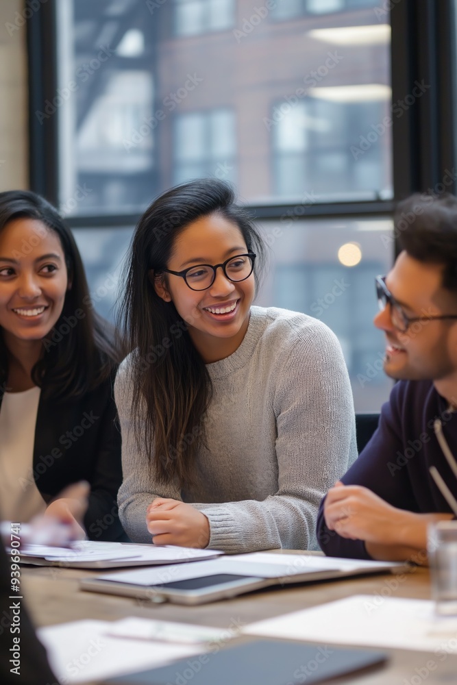 Three people are sitting at a table, smiling and laughing. One of them is wearing glasses. Scene is happy and friendly Three people are sitting at a table, smiling and laughing. One of them is wearing glasses. Scene is happy and friendly