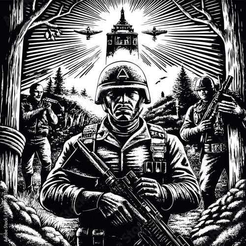 Obraz na płótnie Old soldier engraved vector w salonie