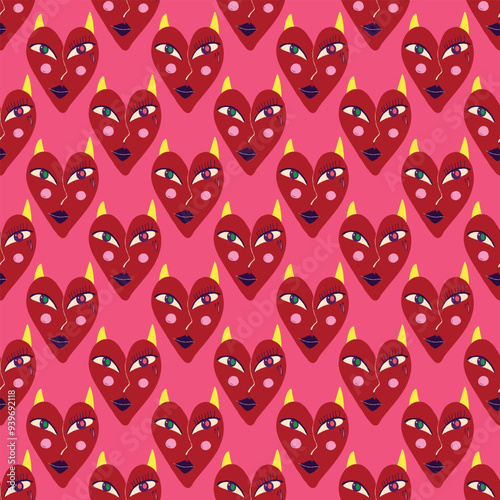 Pink Valentine's Day seamless pattern with devilish hearts. A pattern of devilish love hearts.