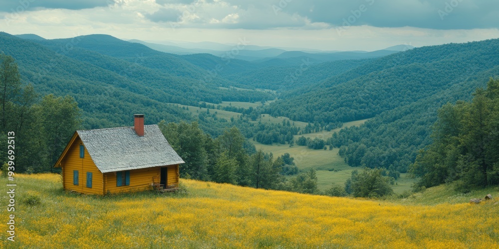 Fototapeta premium A serene yellow wooden cabin with a chimney sits amidst a vast expanse of rolling green hills and a vibrant meadow, under a partly cloudy sky