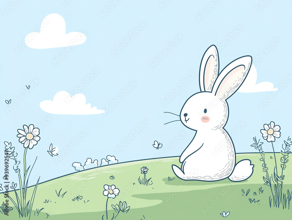 white Bunny in a Vast Meadow Surrounded by a Few Simple Flowers – Minimalist Children's Book Vector Illustration Ideal for Calm and Delightful Storytelling white Bunny in a Vast Meadow Surrounded by a Few Simple Flowers – Minimalist Children's Book Vector Illustration Ideal for Calm and Delightful Storytelling
