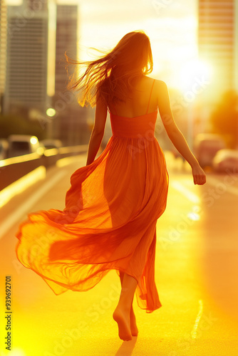 A woman in a flowing dress ...
