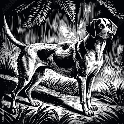 domesticated-hunting-dog engraved vector
