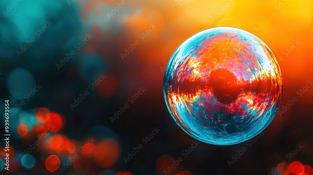 A photo of a clear glass sphere floating in mid-air against a vibrant backdrop of red, blue, and yellow A photo of a clear glass sphere floating in mid-air against a vibrant backdrop of red, blue, and yellow