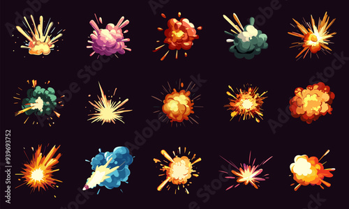 Explosions set. Game icons. Explosion burst bomb fire blust dynamite storyboard. Power lightning energy dust or tail of rocket. Dark background. Cartoon style isolated vector clipart collection