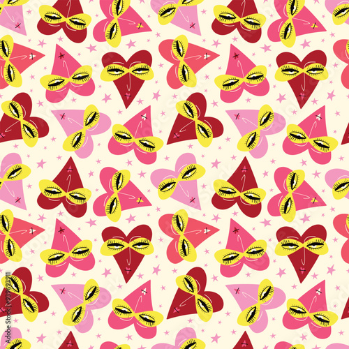 Bright Valentines Day seamless pattern with cool freaky hearts.. Valentine characters background