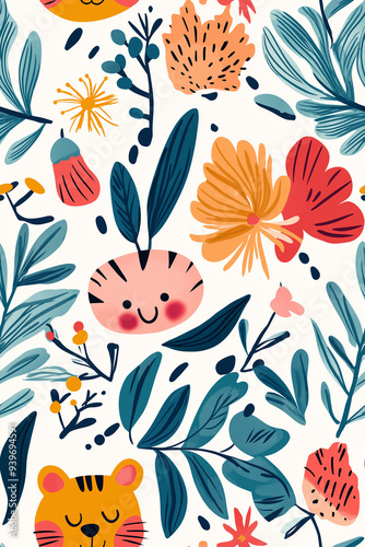 Playful pattern featuring cartoonish flowers, leaves, and animal faces with vibrant colors on a light background. The design is whimsical and friendly, perfect for kids' products.