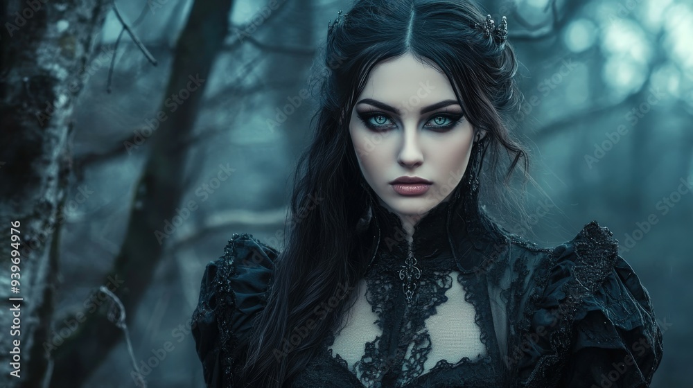 Gothic woman in a dark forest wearing an elegant lace dress at dusk Gothic woman in a dark forest wearing an elegant lace dress at dusk