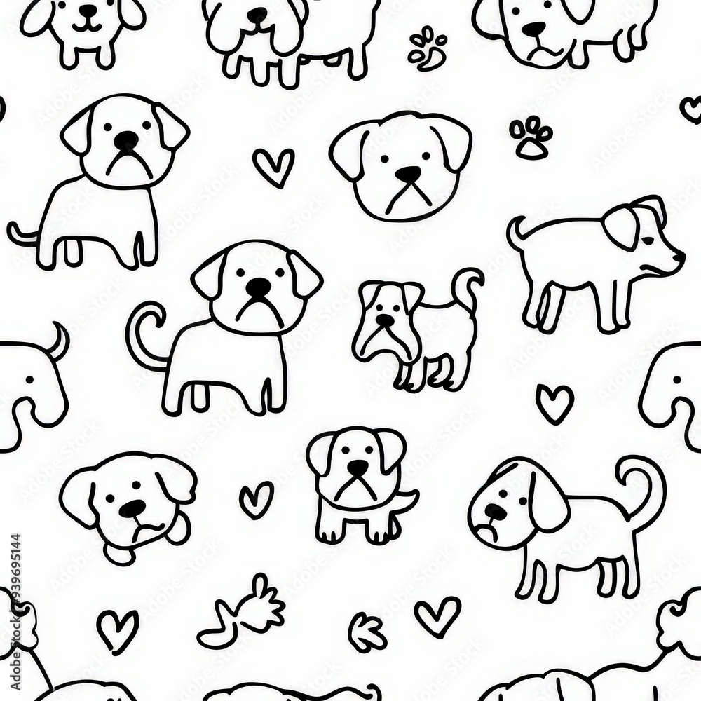 A simple line drawing of a dog with different dogs themed coloring