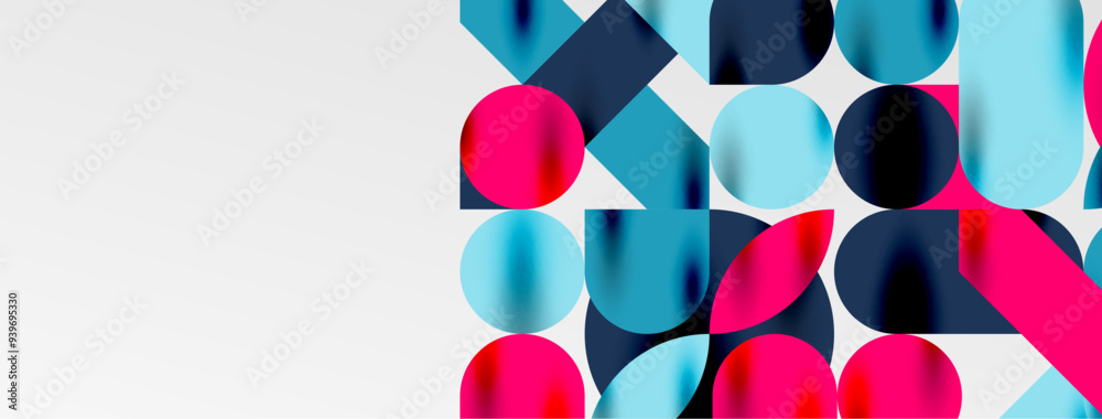 Mosaic geometric elements. Colorful circles, round geometric shapes and lines with shadow 3d effects. Simple forms abstract background for wallpaper, banner, template or landing