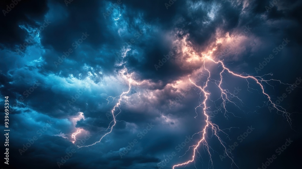 Dramatic lightning strikes illuminate a stormy sky filled with dark clouds. Dramatic lightning strikes illuminate a stormy sky filled with dark clouds.