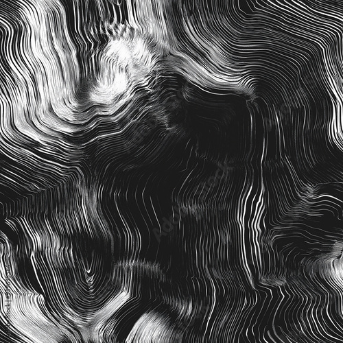 Monochrome wavy pattern with intricate black and white lines creating an abstract, flowing, and seamless tile design that is both modern and visually striking.