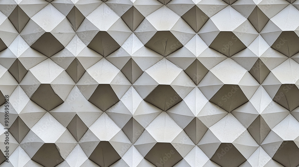 A seamless geometric pattern featuring three-dimensional, diamond-shaped tiles in shades of white and gray, creating a complex, yet balanced optical illusion. A seamless geometric pattern featuring three-dimensional, diamond-shaped tiles in shades of white and gray, creating a complex, yet balanced optical illusion.