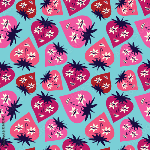 Bright Valentines Day seamless pattern crazy berries . Groovy cute love characters