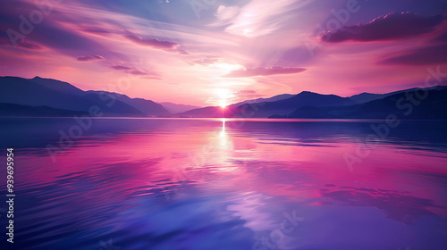 Vibrant Sunset Over Calm Mountain Lake