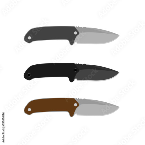 Set of knives in three colors illustration. Tourist camping knife ,knife camping set cartoon. equipment camp, tent outdoor, hiking summer knife camping sign. isolated symbol vector illustration.