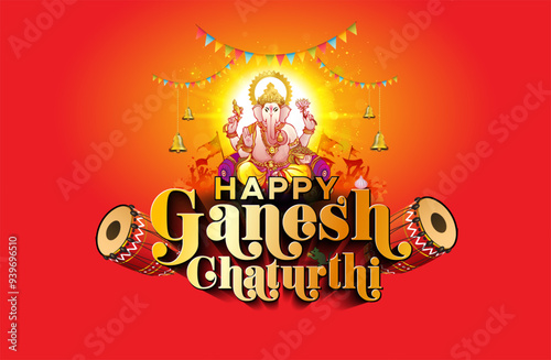 Vector Logo design for Ganesh chaturthi festival on red background. Lord Ganpati birth day celebration.