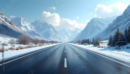 Straight asphalt highway road and snow mountains with sky clouds natural landscape. car background.