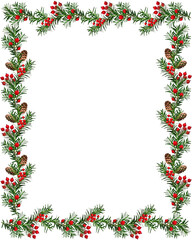 Festive Christmas frame. Coniferous branches are decorated with artificial red berries and cones. Frame isolated on white background, space for text, top view. Overlay background.