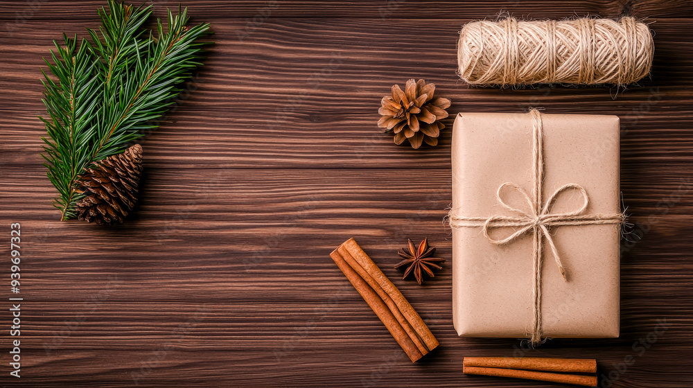 Obraz premium Eco-Friendly Gift Wrapping: Stylish and Sustainable Holiday Packages Decorated with Natural Elements Like Pine Cones, Cinnamon Sticks, and Evergreen Sprigs, Emphasizing Thoughtful, Green Living