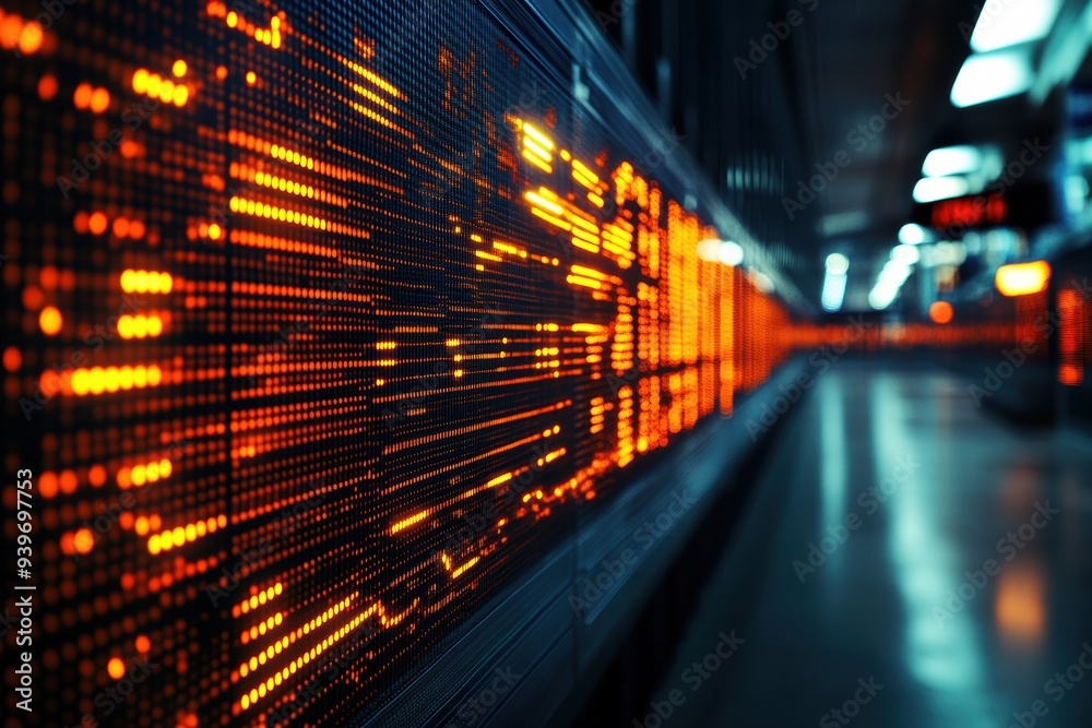 High-tech digital display with orange lights in a futuristic setting, representing data analysis and modern technology advancements. High-tech digital display with orange lights in a futuristic setting, representing data analysis and modern technology advancements.
