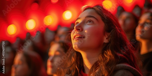 Obraz na płótnie Captivated audience members in a theater filled with warm, ambient lighting, showing a young woman gazing upwards attentively, bathed in a red and orange glow w salonie