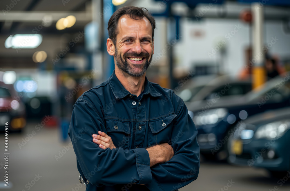 A man standing in a garage with his arms crossed A man standing in a garage with his arms crossed