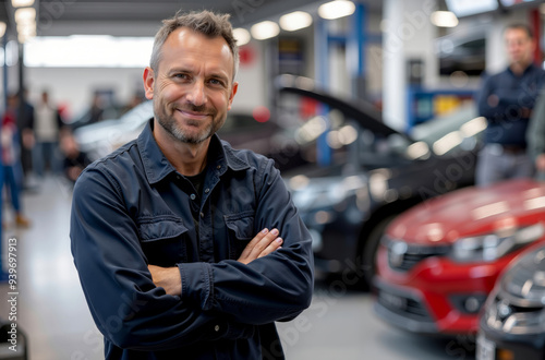 A man standing in front of a car in a garage photo