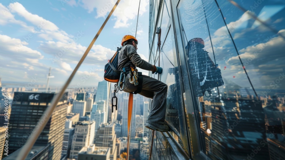 window cleaner working on a glass facade modern skyscraper window cleaner working on a glass facade modern skyscraper