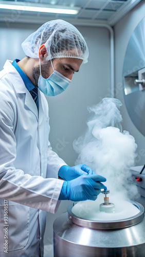 Side view of scientist handling oocytes and sperm for cryopreservation to be stored in liquid nitrogen photo