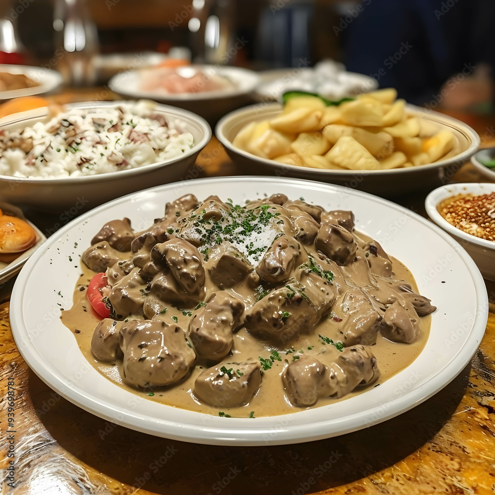 Stroganoff dishes served for tasting Stroganoff dishes served for tasting