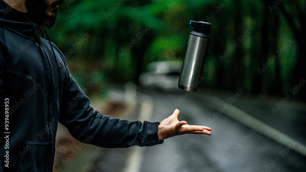A man throws his thermos into the air. In a deserted forest, a man throws a metal stainless thermos into the air.