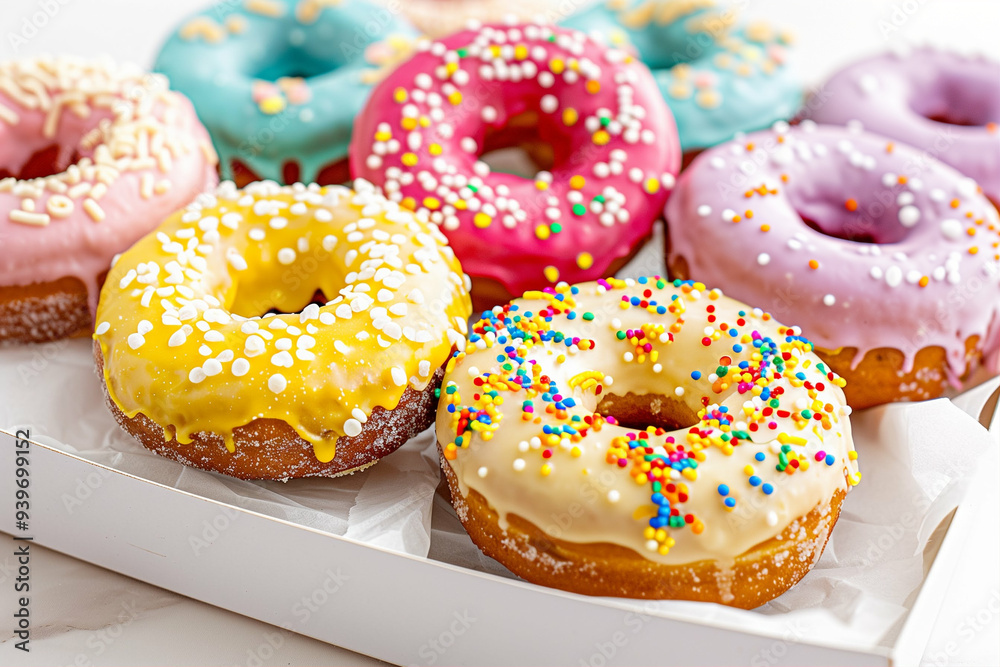 Colorful Donuts with Sprinkles and Icing on a White Box. Delightful Decorated Pastries Featuring Pink Yellow and Blue Glazed Donuts Colorful Donuts with Sprinkles and Icing on a White Box. Delightful Decorated Pastries Featuring Pink Yellow and Blue Glazed Donuts