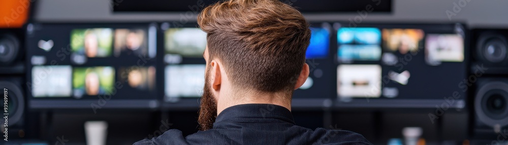 Obraz premium A person is focused on multiple screens, showcasing a modern workspace with a blend of technology and creativity.