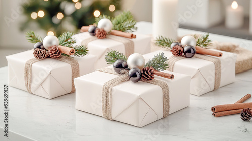 Eco-Friendly Gift Wrapping: Stylish and Sustainable Holiday Packages Decorated with Natural Elements Like Pine Cones, Cinnamon Sticks, and Evergreen Sprigs, Emphasizing Thoughtful, Green Living