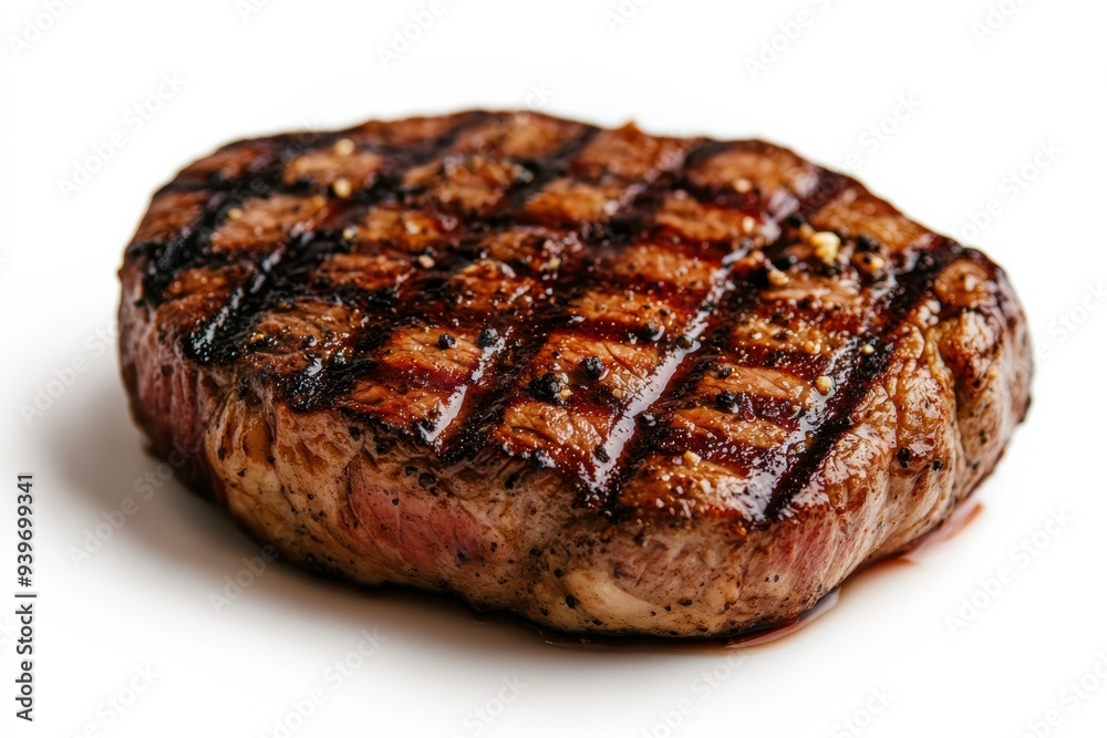 Juicy, grilled beef steak with a perfect charred crust on a white background, ideal for culinary, food, and cooking themes. Juicy, grilled beef steak with a perfect charred crust on a white background, ideal for culinary, food, and cooking themes.