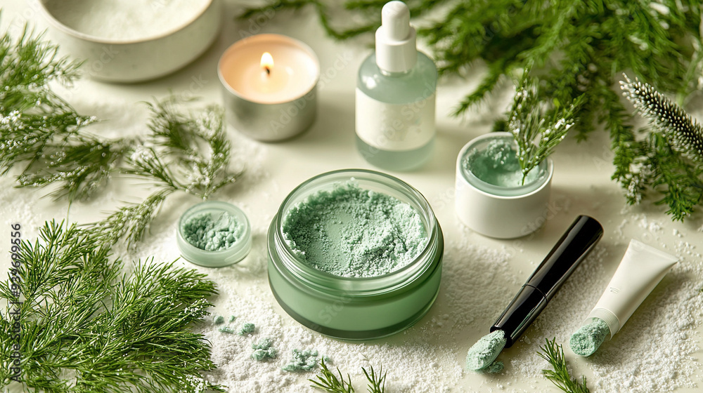  A jar of green substance sits atop a table beside a candle and another jar of green substance