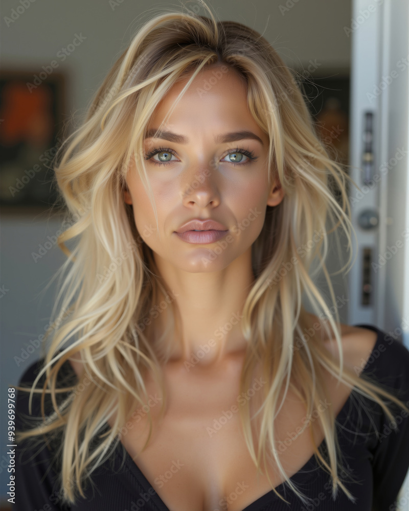 Fototapeta premium A woman with long blonde hair is posing for a picture