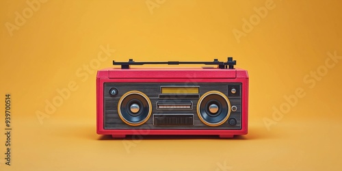 A red radio with a yellow background. The radio is old and has a vintage look. The yellow background adds a pop of color to the scene