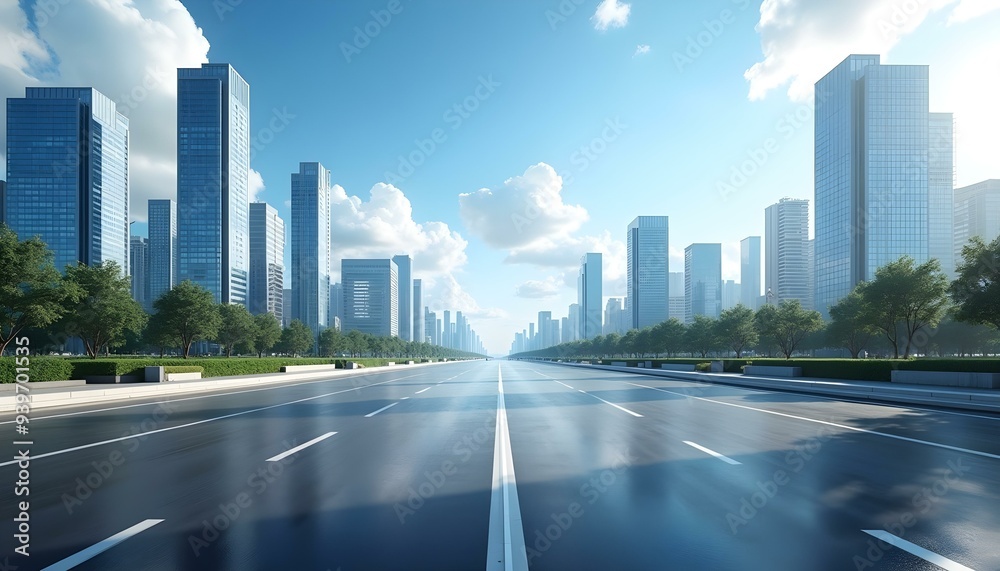 Fototapeta premium Asphalt road square and city skyline with modern buildings scenery under the blue sky